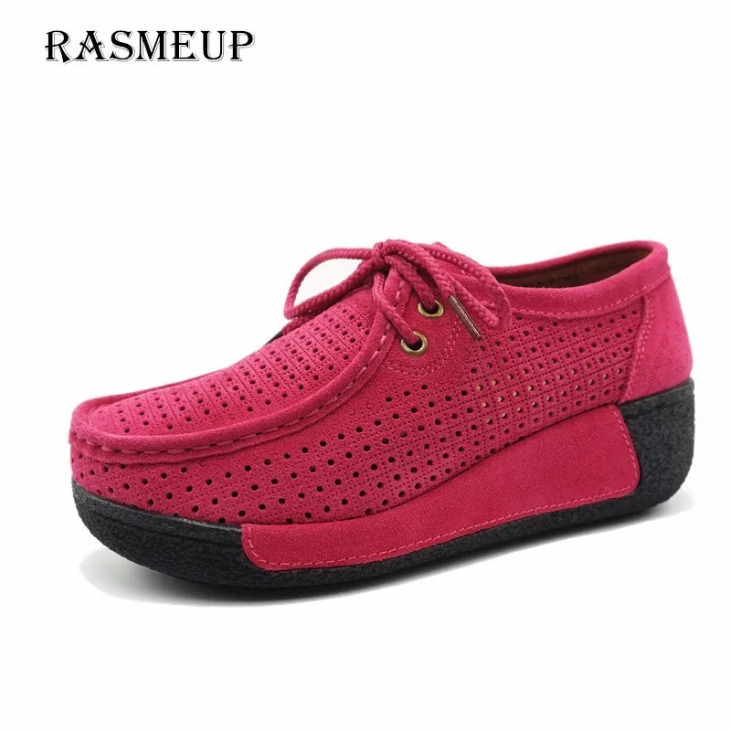 

RASMEUP Genuine Suede Leather Women's Platform Sneakers 2018 Lace Up Women Flats Moccasins Creepers Slipony Woman Casual Shoes
