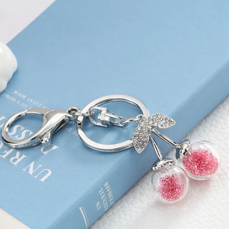 Lovely Cherry Glass Bottles Keychain Crystal Keyring for Women Purse