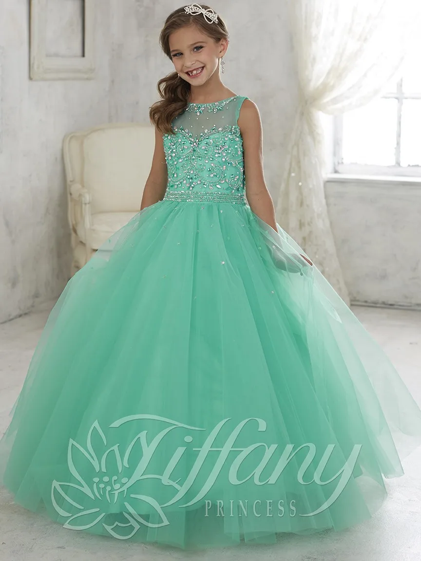 

Ball Gown Girl's Pageant Dresses Spaghetti Straps Crystals Beaded Light Green Tulle Flower Girl's Dress Floor-Length