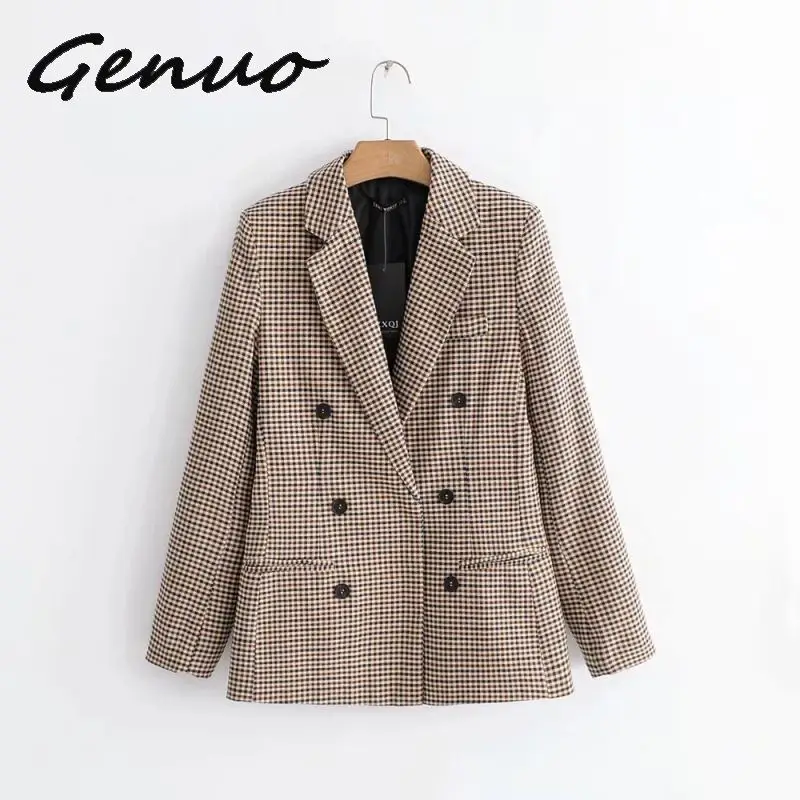 Fashion Autumn Women Plaid Blazers and Jackets Work Office Lady Suit Slim Double Breasted Business Female Blazer Coat Talever
