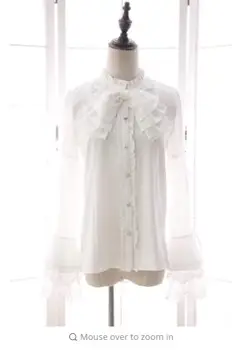 

Sweet Thick Lace Trimmed Girl's White Shirt Branded Long Flare Lace Sleeve Women's Blouse with Multi-layered Bowknot