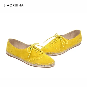 

BIAORUINA 8 Color Brand New Women Handmade Hemp Shoes Woman Chic Oxford Shoes Lace Up Shoes Female Classic Shoes Round Toe