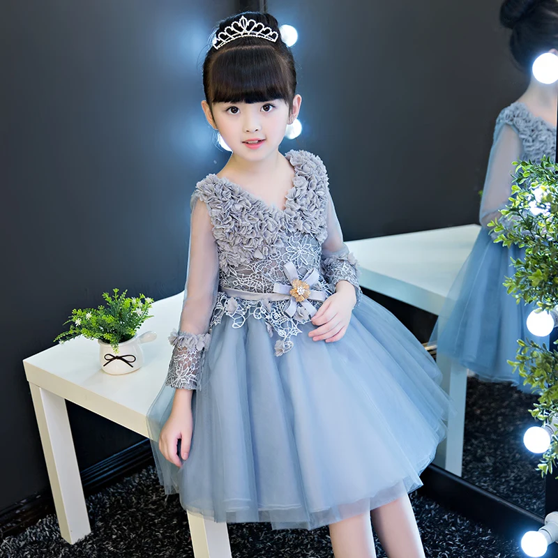 

2019 Hot-Sales Fashion Children Girls Jacquard Lace Princess Dress Kids Babies Elegant Birthday Wedding Grey White Color Dress