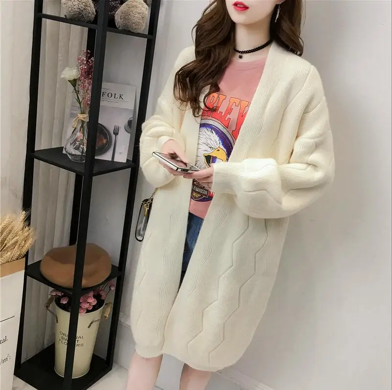 Высокое качество осень зима вязаный кардиган пальто Женская мода длинный рукав пончо свитер красивый женский кардиган - Цвет: Белый