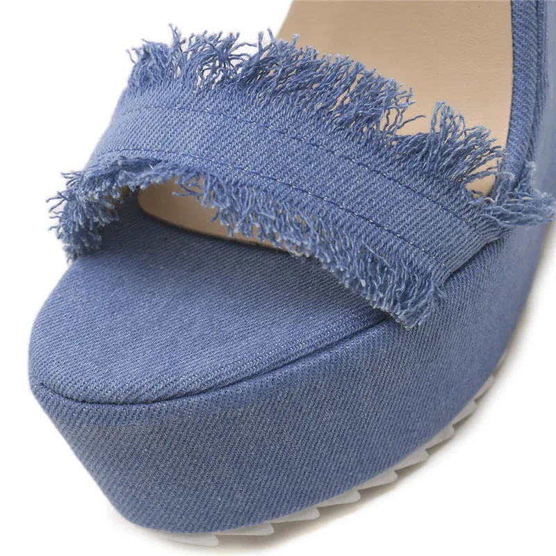 2019 Women Summer 15cm Super Wedge Heels Comfortable Heels Chunky Sandals Fashion Open-Toe Dress Runway Blue Wedges Lolita Shoes