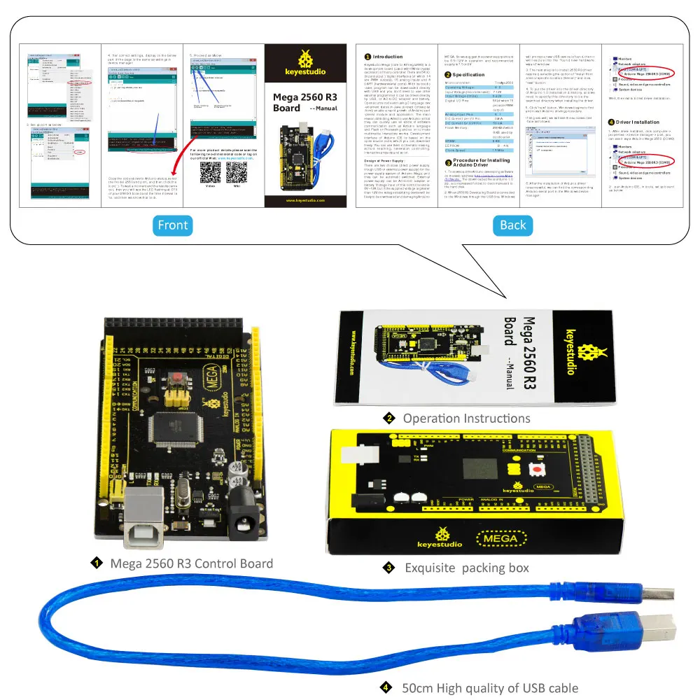 1 шт. Keyestudio MEGA 2560 R3 макетная плата+ 1 шт. USB кабель+ руководство для Arduino Mega