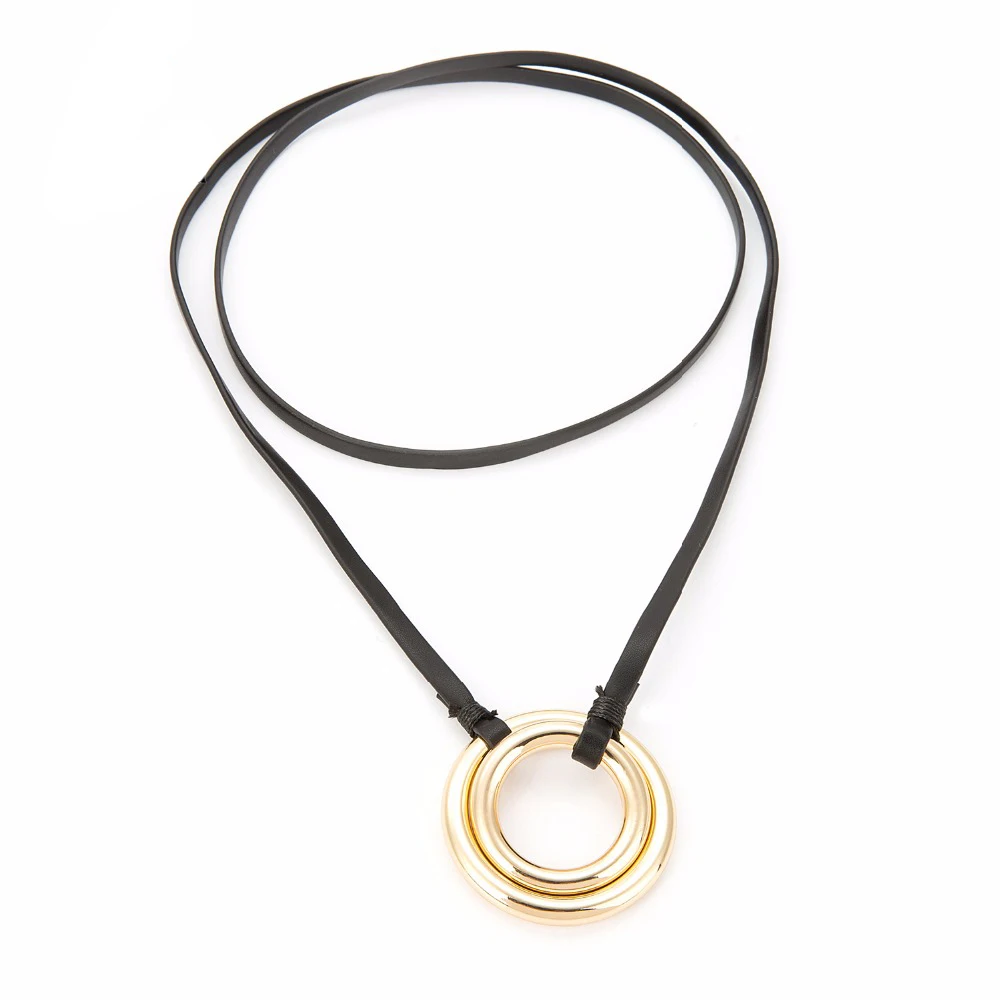98cm Long Necklace Leather Rope Chain Double Circle Round Pendant Necklace Trendy Women