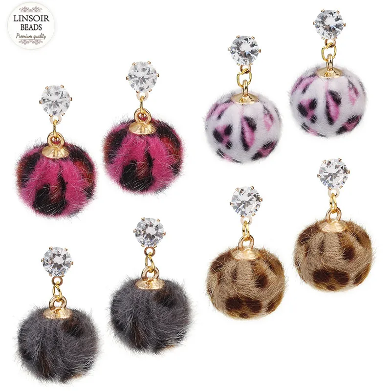 Linsior 2018 New Leopard Fur Earring Black Round Fur Ball Crystal Drop