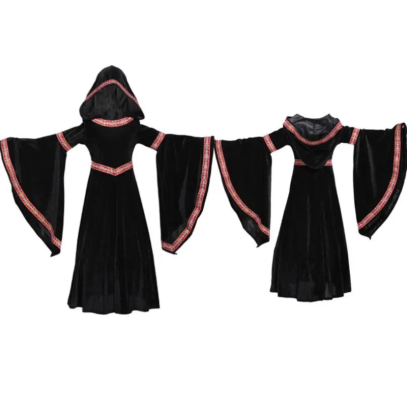 Детский карнавальный костюм на Хэллоуин для девочек, средневековое винтажное платье принцессы, платье королевы с капюшоном, платье с расклешенными рукавами, костюм вампира Y712 - Цвет: black