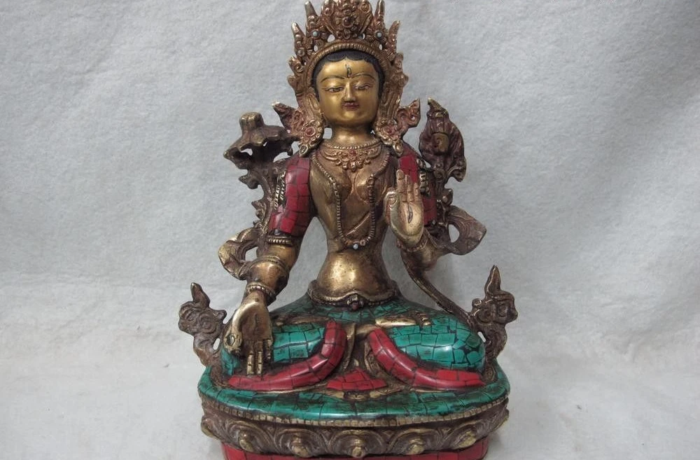 

9 Tibet Bronze Gilt inlay coral turquoise gem White Tara GuanYin Goddess Buddha