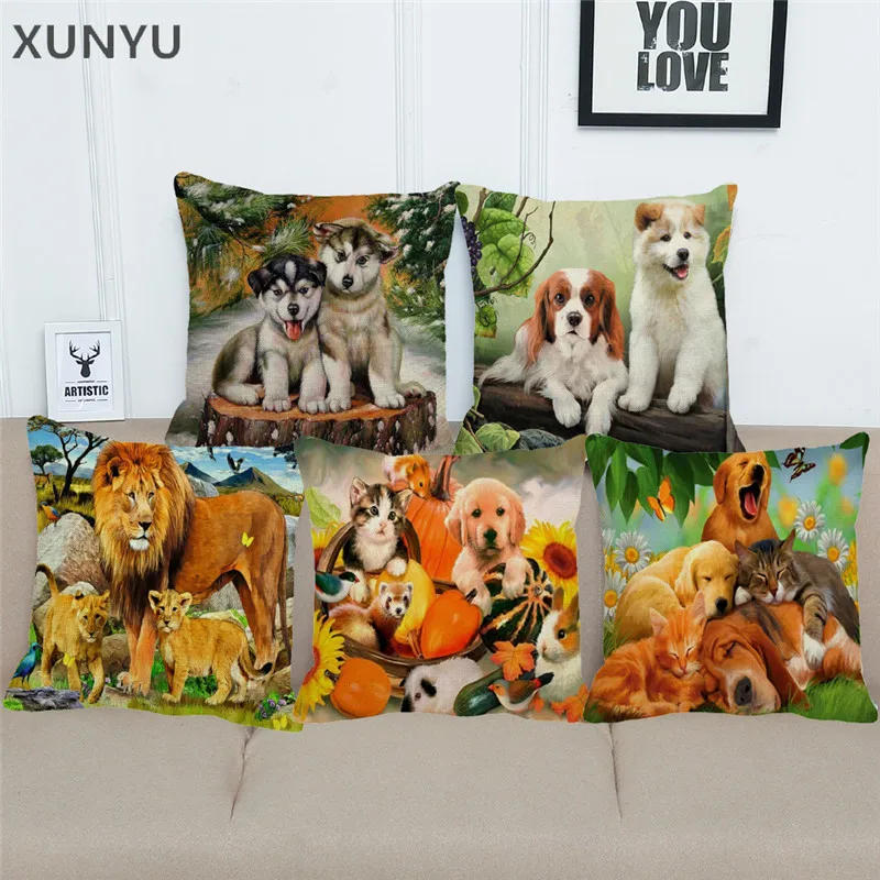 

XUNYU Lion and Cat Printing Linen Pillowcase Home Sofa Square Pillow Case Dogs Pattern Decorative Cushion Cover 45X45cm BZ207