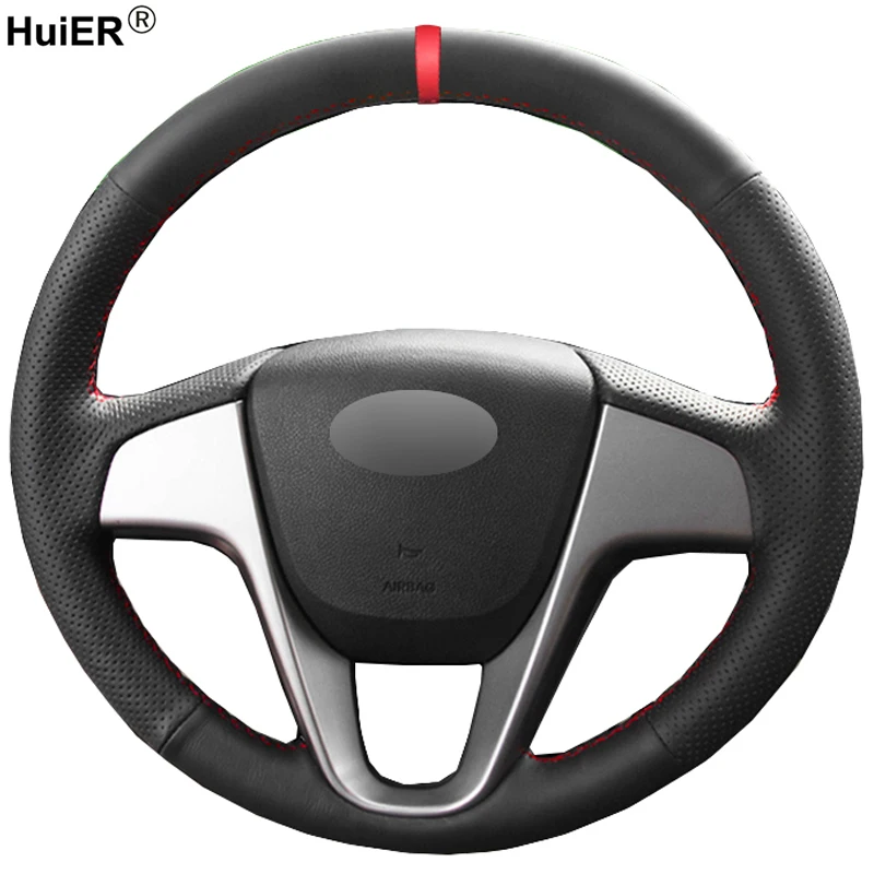 

HuiER Hand Sewing Car Steering Wheel Cover Red Marker For Hyundai Solaris 2010-2016 Verna 2010-2016 i20 2009-2015 Accent