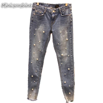 

Fashion Ripped Jeans Women Pearl High waist Ripped Hole Push up 2018 Skinny Freddy Jeans Feminino Vintage Denim Pants z30