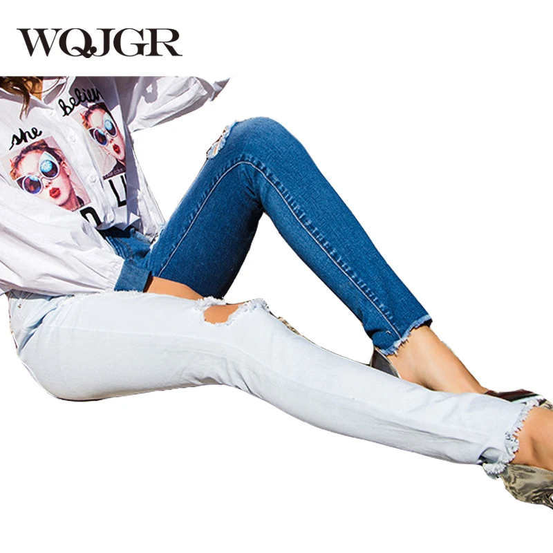 WQJGR, женские джинсы с панелями,, летние, новые, сплайсированные, рваные джинсы, контрастный цвет, джинсовые брюки-карандаш, модная одежда размера плюс 4XL
