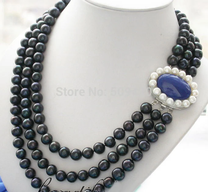 

~~ Free Shipping >>beatiful 3row 8-9mm black round freshwater pearl necklace lapis