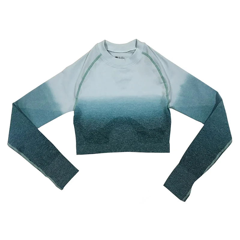 

NORMOV Fashion Women Tops Fitness O Neck Gradient Patchwork Full Sleeve Cotton Short Top Casual Workout Feminino Tops