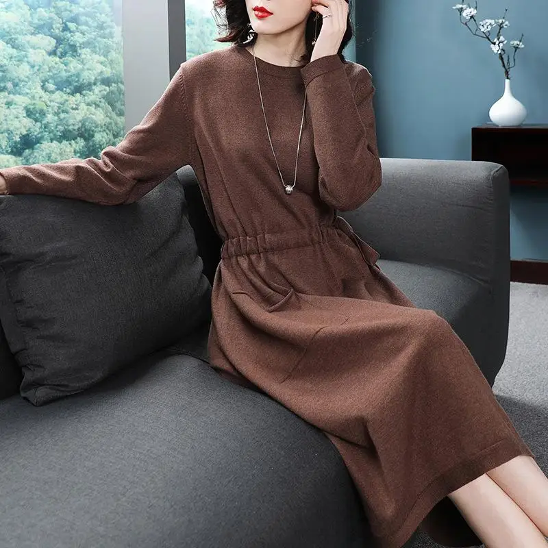 

Women Large Pocket Knitting Drawstring Waist Loose Slim Brown Long Round Neck Sweater Dress Pregnancy Clothes Dresses Maternity