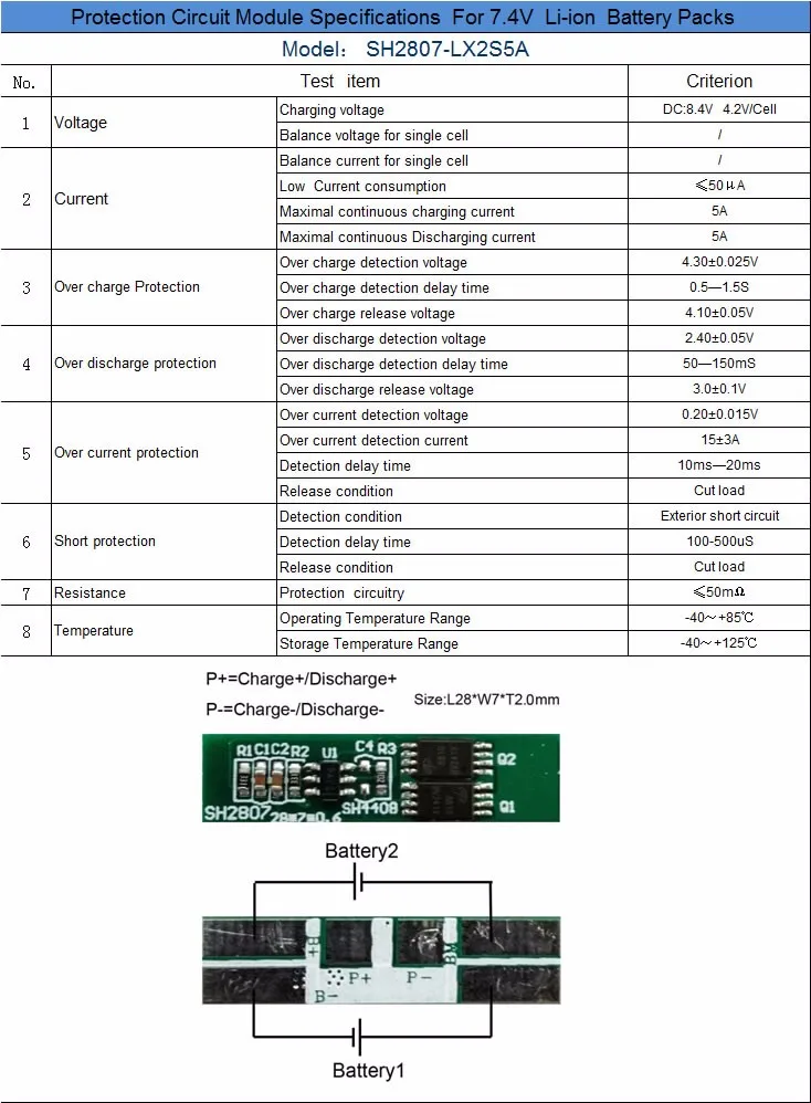 Модуль защитной цепи 2 S 5A PCB PCM BMS батарея защиты доска для 7,4 В литий-ионный плата защиты литий-полимерных аккумуляторов пакет SH2807-LX2S5A