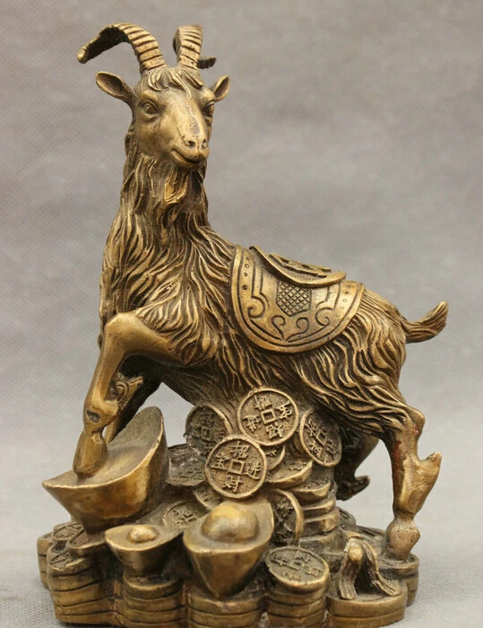 

Folk Chinese Bronze Copper Year Zodiac Wealth YuanBao Coin Cai Up Sheep Statue