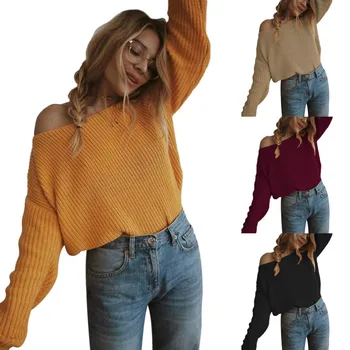 

S-3xl Off Shoulder Long Sleeve Sexy Sweater Womens Pullover 2019 Fall And Winter Slash Neck Knitted Sweater Black Knit Top Women