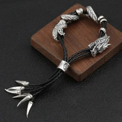S925 Стерлинговое Серебро, кожаный черный плетеный браслет в виде дракона для женщин и мужчин, тайский серебряный регулируемый браслет и браслет, хорошее ювелирное изделие - Окраска металла: Dragon Bracelet