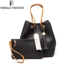 Herald Marca de Moda de Cuero de LA PU de Las Mujeres Bolsos de Moda Hombro Bolsa de Cubo de La Borla de Lujo Vintage Bolso de Mano Cartera Fija