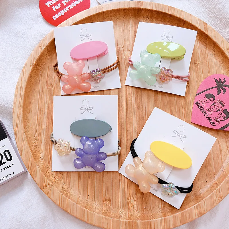 

HZ 2019 Korea New Fluorescent Color Bear Star 2Pcs/set Sweet Hair Rope Hairgrip Barrette Hairpin Hair Accessories for Women Girl