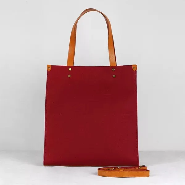 

Japan Casual Designer Burgundy White Canvas Girls Handbag Cross Shoulder Bag Genuine Leather Top Handle Women's Portable Bag