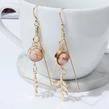 

European and American Fashion Vintage Hollow Out Triangle Marble Round Beads Leaf Earrings For Woman Girls Jewelry