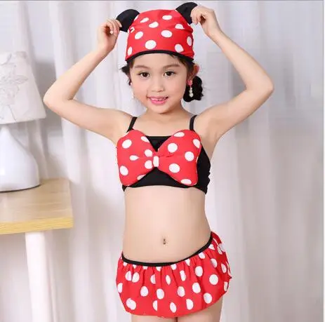 Best Price New Children Swimsuit girl White Dots Big BOWchildren Bikinis Two-pieces suit  sets of children's Skirt Style swimwear free Cap