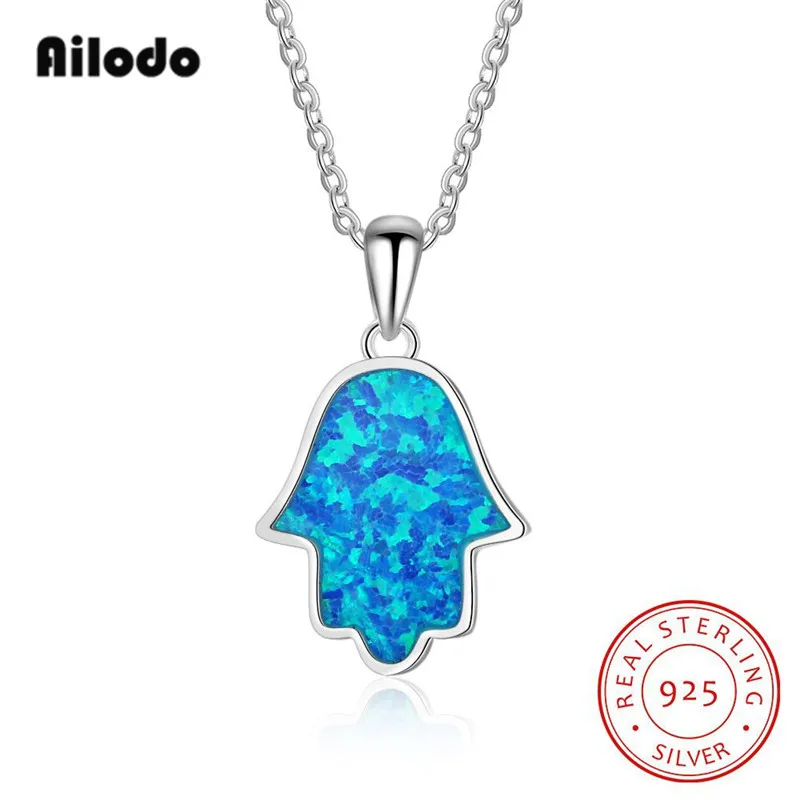 

Ailodo Genuine 925 Sterling Silver Blue Hamsa Hand Pendant Necklaces For Women Men Fine Silver Fashion Jewelry Gift LD100
