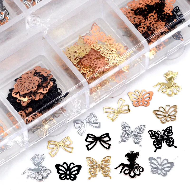 

Mix 3 Colors 4 Shapes Bow Ties Butterfly Flower Fairy Metal Sequin Nail Art Rhinestones Slice Decorations DIY Salon Tip7#