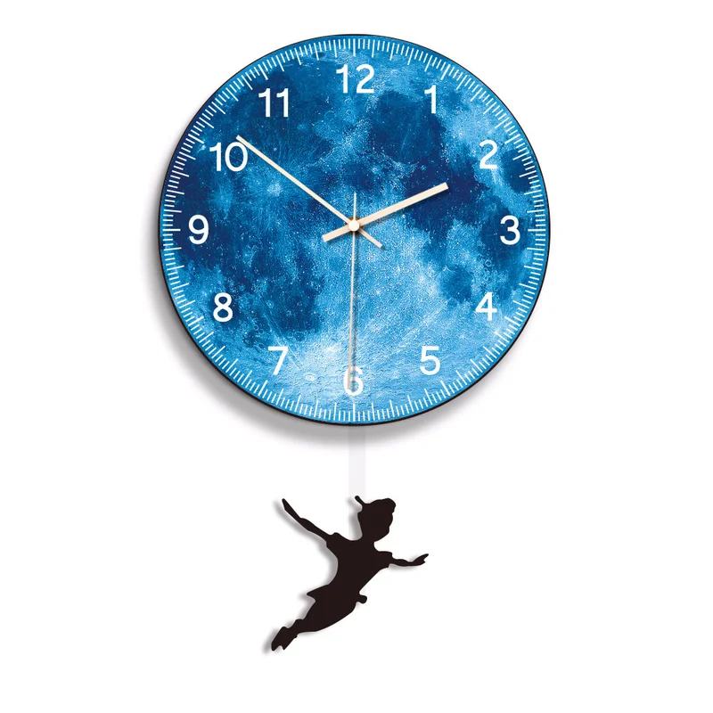 

New Creative Swing Wall Clock Circular Dia 28cm Blue Moon Wooden Acrylic Home Living Room Study Decorative Needle Clocks