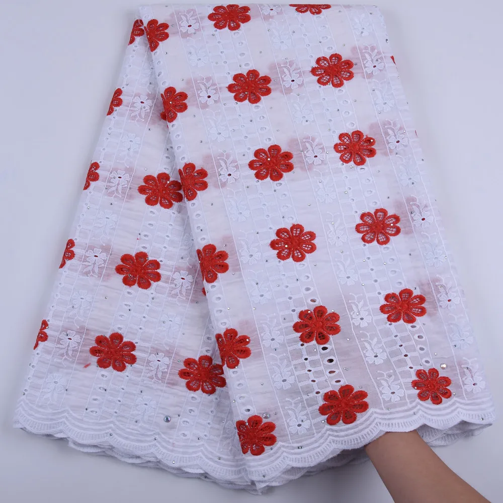 

Litter Flowers Style African 100% Cotton Lace Fabric Red Nigerian Swiss Voile Lace In Switzerland With Stones For Wedding F1678