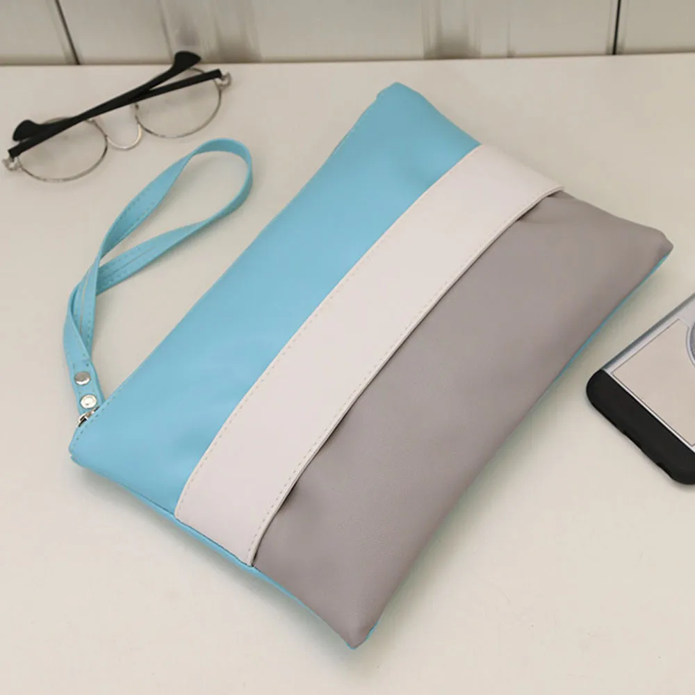 

New PU Leather Handbag Stitching Hit Color Stripe Envelope Clutch Bag Long Section For Women#25