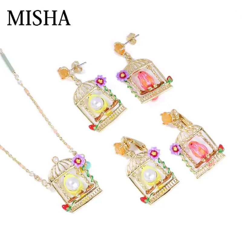 

MISHA 2018 Handmade Enamel Glaze Jewelry Set Elegant Canary Necklace Simulation Gems Pearl Fine Chic Earrings Wedding Sets 676
