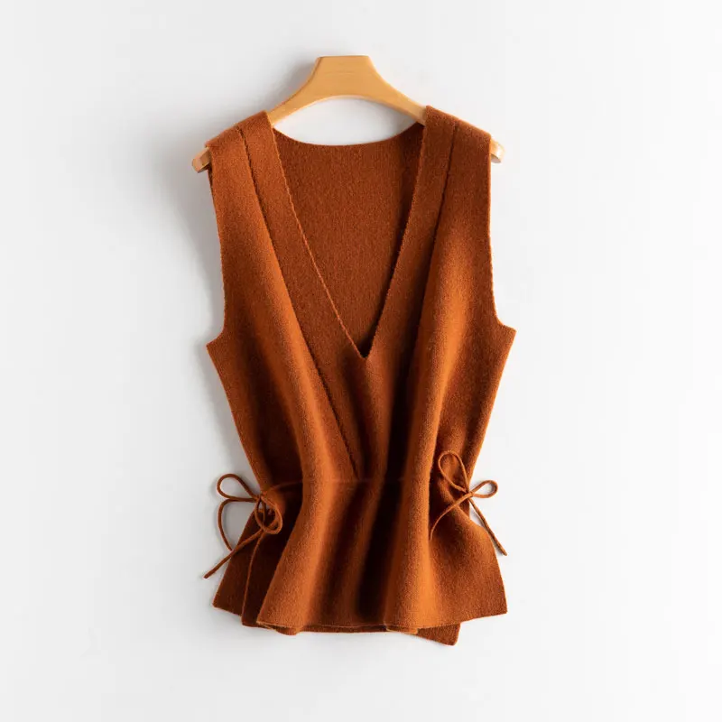 

High Quality 90% Cashmere Women's Vest Adjustable Waist Sashes Female Waistcoat Fashion V-neck Gilet Femme Elegant Black Sweater