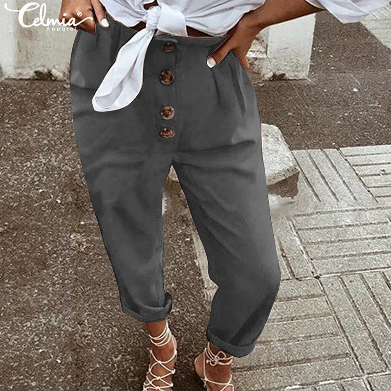 

Celmia 2019 Women Casual Straight Solid Buttons High Waist Pencil Harem Pants Trouser Female Long Pants Bottom Plus Size Trouser