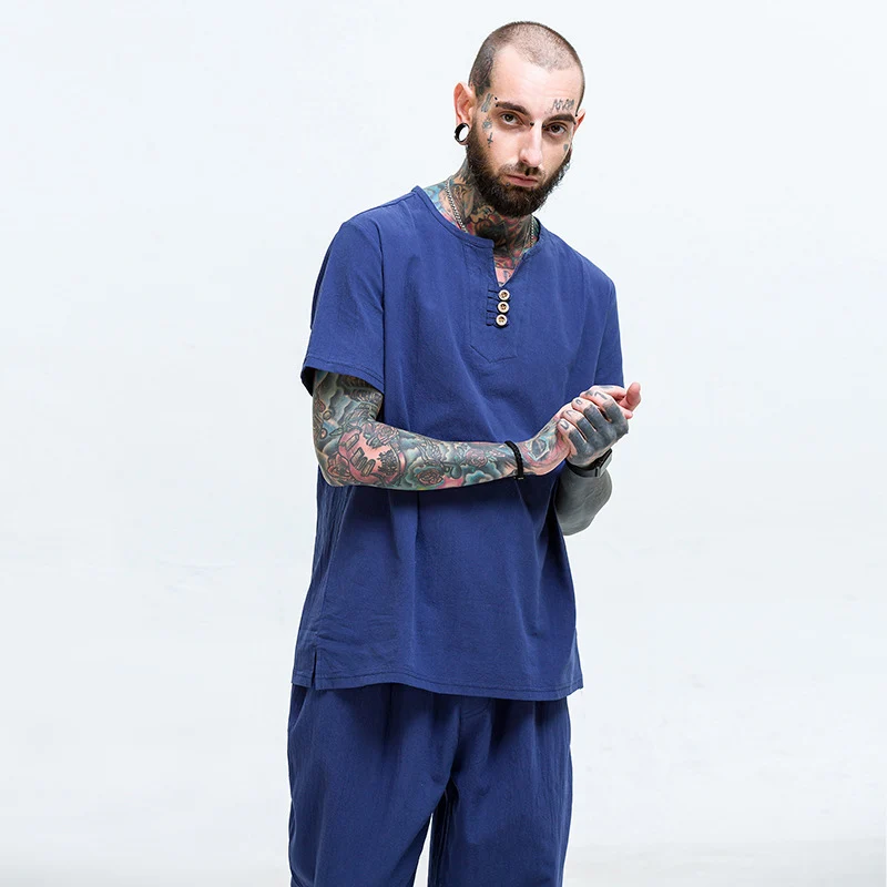 

Casual linen V-neck short-sleeved vest thin section head has a large size solid color loose men's T-shirt free shipping
