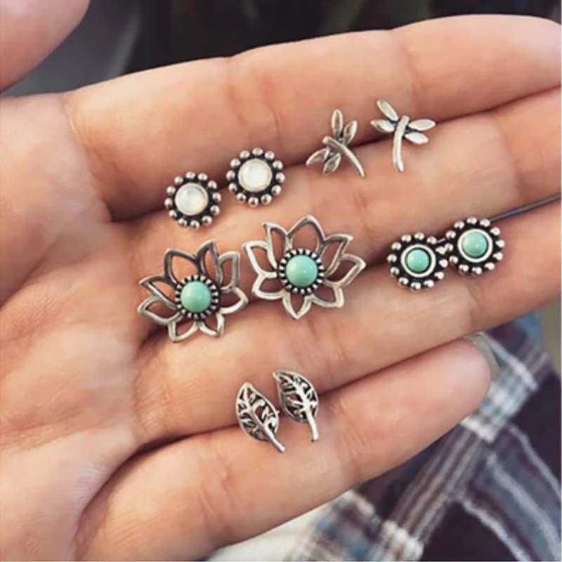 

5 Pairs/Pack Brincos Mixed Lotus Leaf Dragonfly Bohemian Stud Earrings Set For Women Crystal Ear Studs Fashion Jewelry Earrings