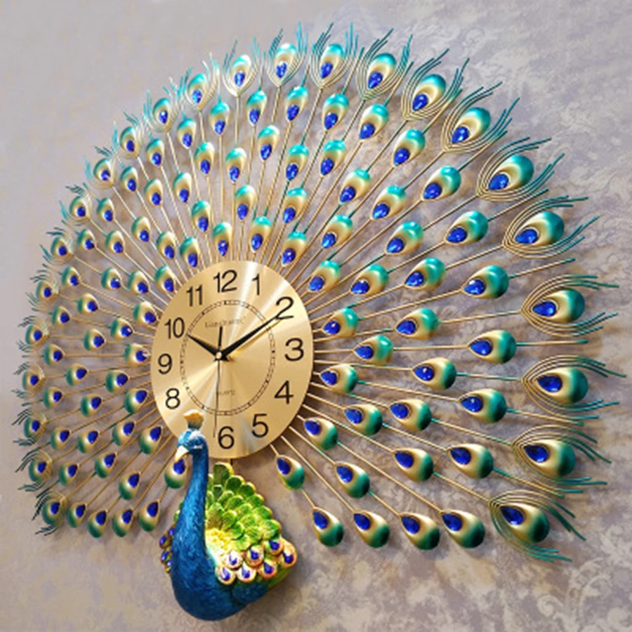 Metal Large Creative Wall Clock Modern Design Luxury Peacock 3d Wall Clock Living Room Farmhouse Wall Clock Home Decorative