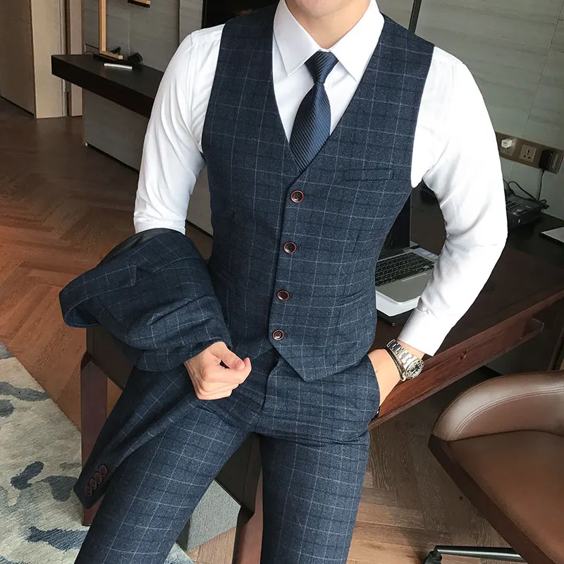 ( Vest + Pants ) 2piece Mens Fashion Plaid Formal Groom Wedding Dress Suit Vest and Pants / Men Pla