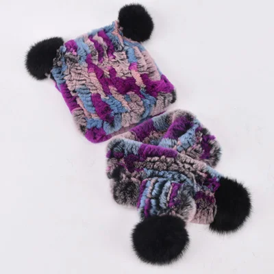Зимние меховые шапки для девочек, шапка-ушанка из натурального меха кролика рекс с шариками, детская вязаная шапка с помпоном, вязаные вручную шапочки, кольцо, шарф - Цвет: multicolor 5