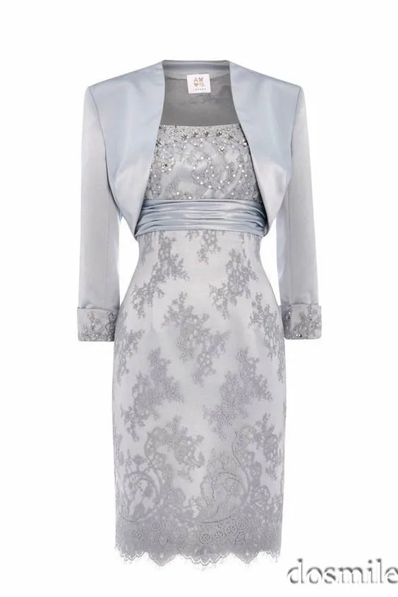 2017 gray gorgeous lace beaded sheath mother of bride dress with long sleeve jacket plus size