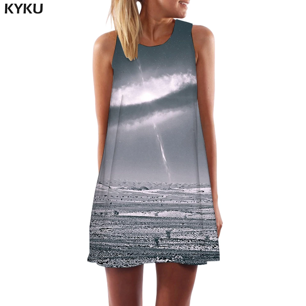 

KYKU Brand Galaxy Dress Women Nebula 3d Print Lightning Sundress Gray Short Vortex Party Womens Clothing Vintage Ladies