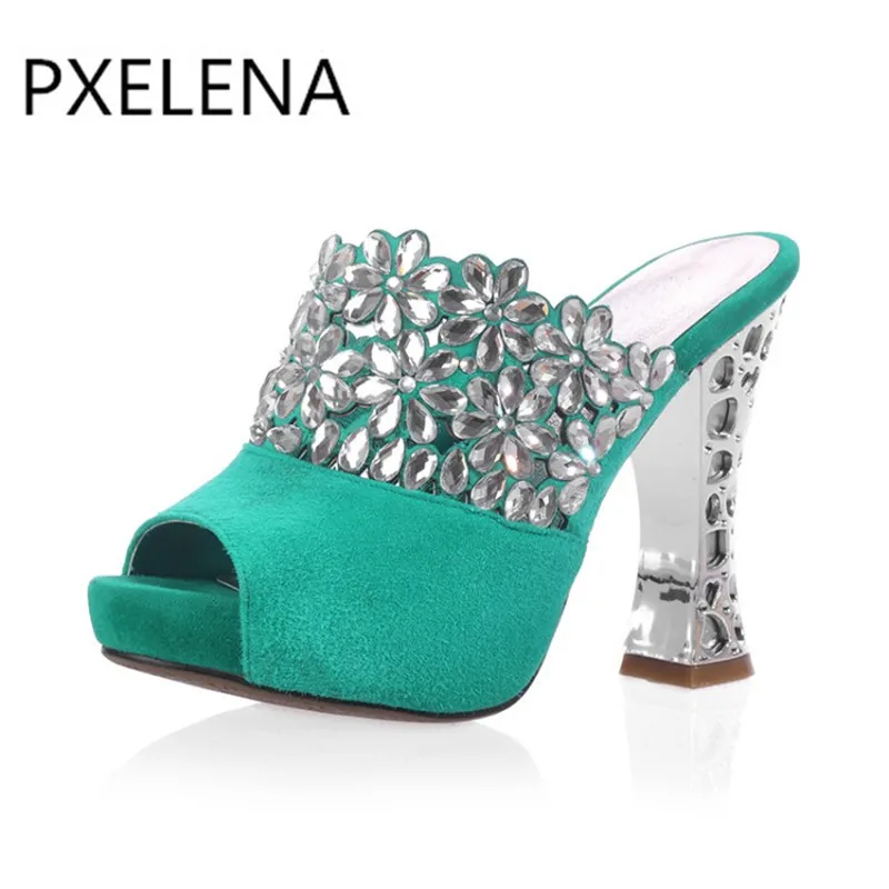 

PXELENA Luxury Brand New Ladies Nightclub Sexy Crystal High Heel Slides Female Sheepskin Rhinestone Slip On Summer Slipper Shoes