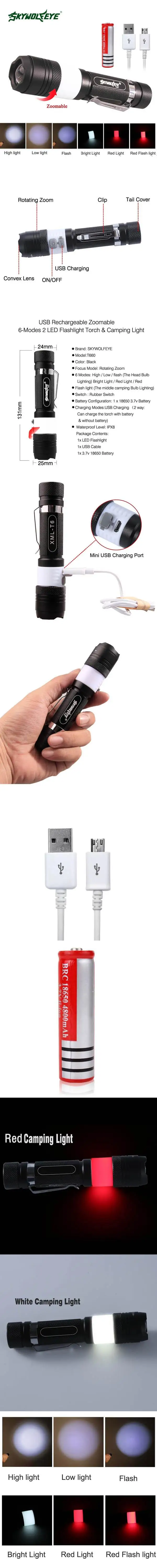 COB USB светодиодный фонарик 18650 Увеличить факел Водонепроницаемый фонари T6 3800LM 6 Режим Масштабируемые свет для Охота Отдых на природе