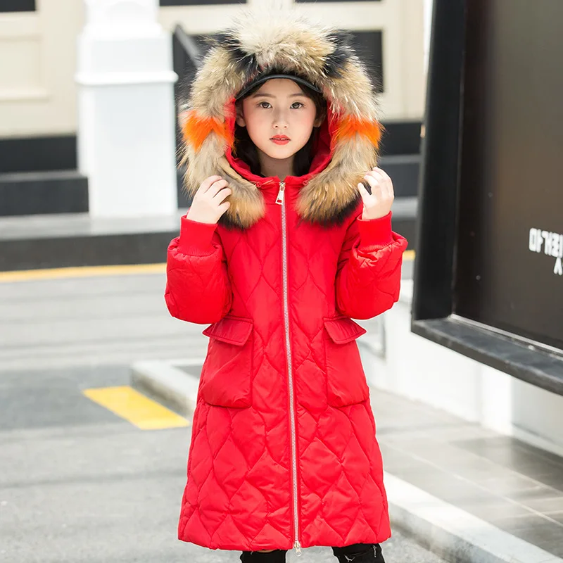 

Fashion Winter Heavyweight White Duck Down Fur Collar Girls Long Coat Warm Thicken Parkas Children Outfits For 5-14 Years Old