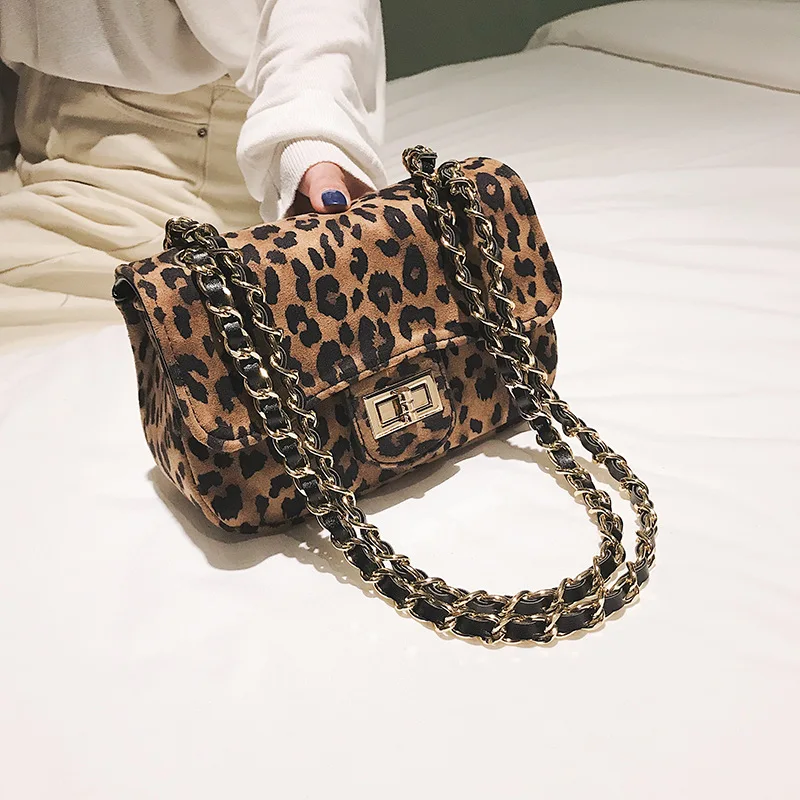 

2018 Women Fashion Chain Flap Bag Suede Fabric PU Leather Leopard Print Small Shoulder Bags for Girls Female bolso mujer