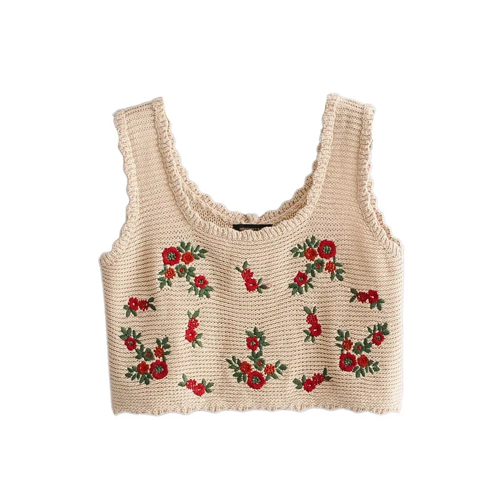 

LTD1199062 New 2019 Flowers Embroidery Rose Strap Cool Knitting U-Neck Waistcoat Tank Crop Top Women Camisole Pullover Vestidos